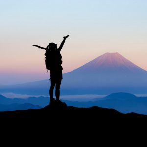 Lady reaching the top of the mountain goal